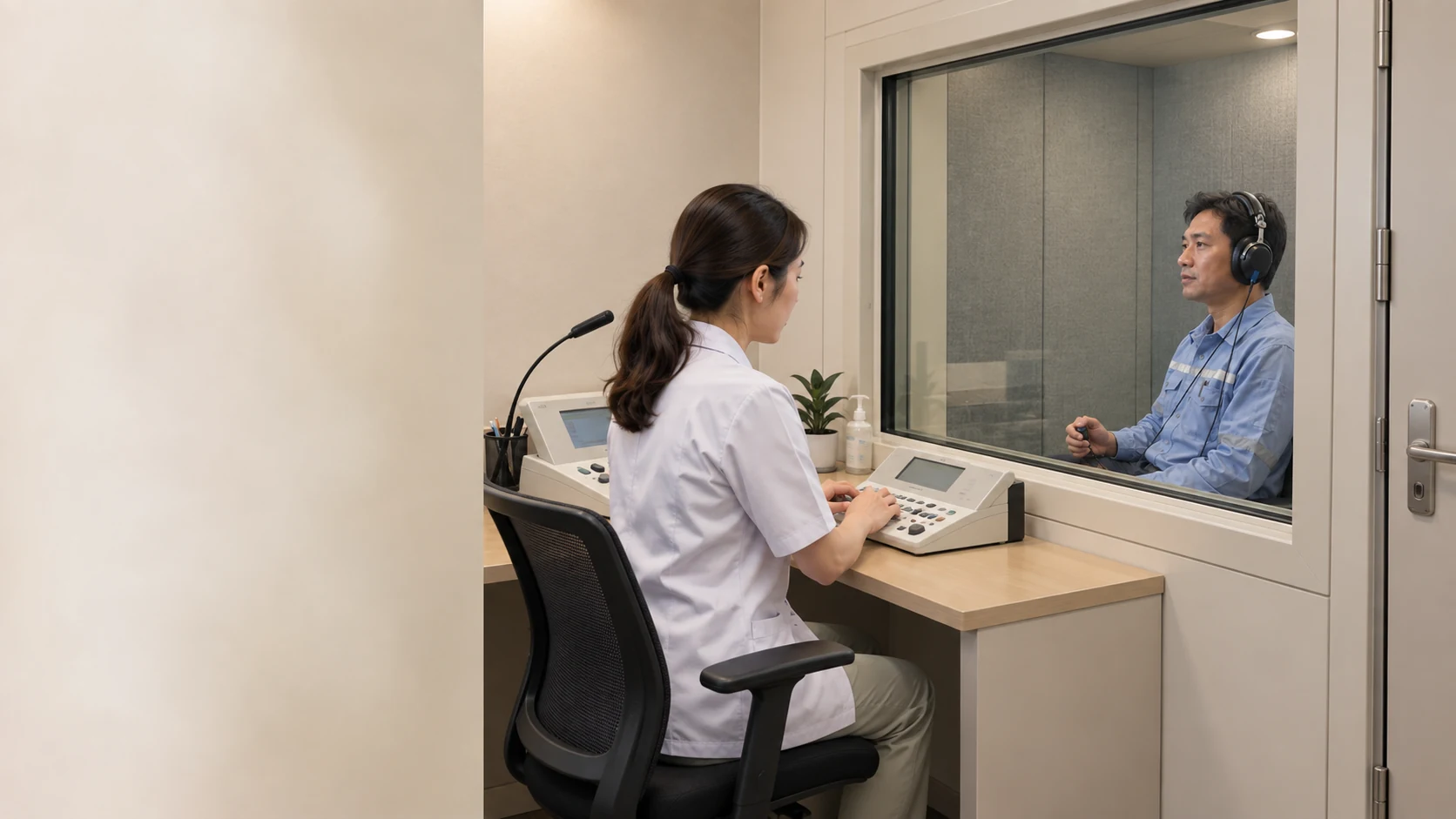 A hearing technician outside a closed soundproof booth observes the person wearing headphones and holding a response button inside, through the booth window.